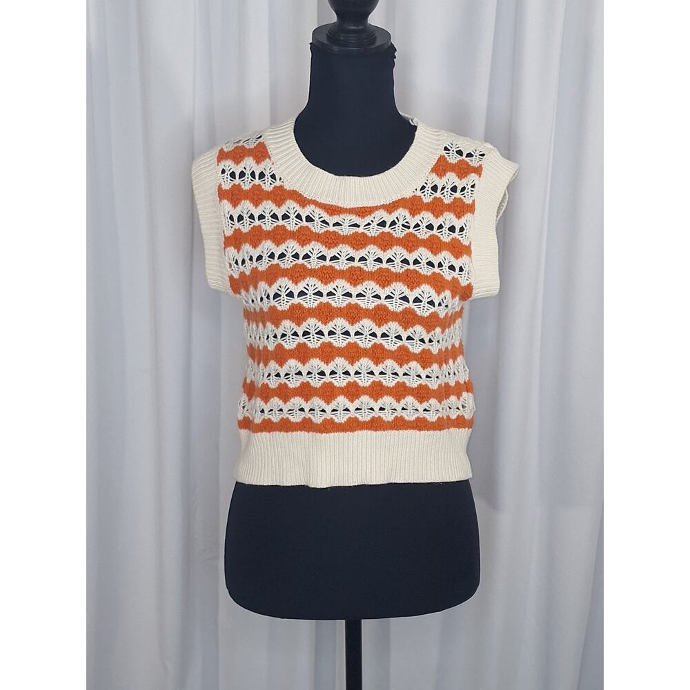 FRNCH Paris Cropped Sweater Vest Med Orange White Stripe Preppy Y2K Open Knit
